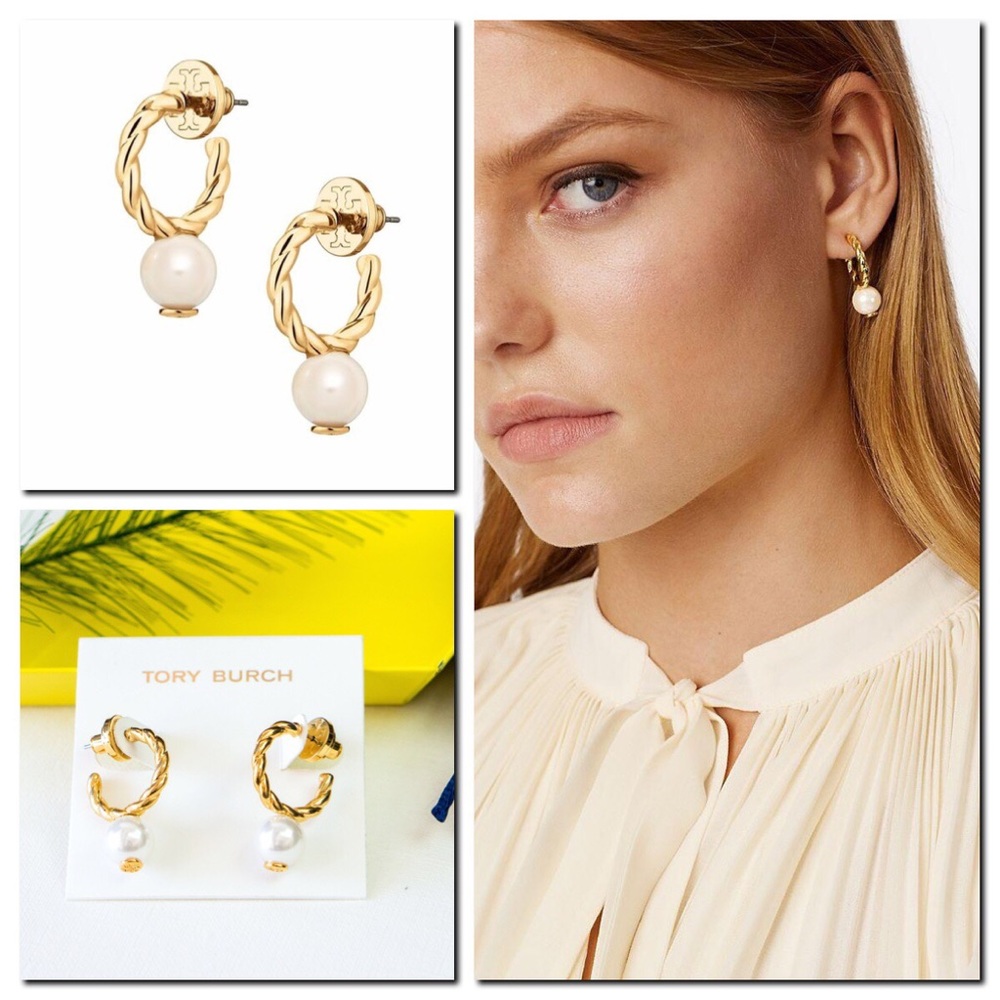 Tory Burch Rope Pearl Logo Bead Hoop Earring